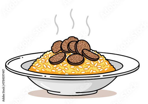 A steaming plate of risotto adorned with black truffles.  Rich, golden risotto sits on a white plate, emitting steam.  A sophisticated and appetizing food image.