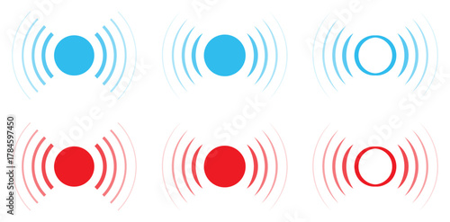Collection of blue and red wireless signal. Wireless signal vector icons set isolated on white background. Wi-Fi and network symbols. Radar and sonar signal. Vector illustration.