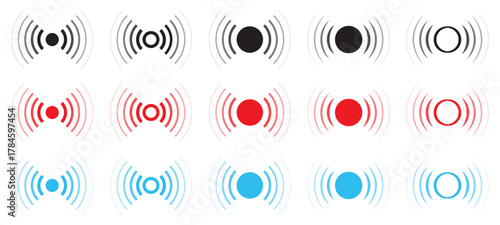 Set of wireless signal vector icons in black, red, and blue colors. Radar and sonar signal. Wi-Fi, network, connection, technology, communication, or radio signal. Vector illustration.