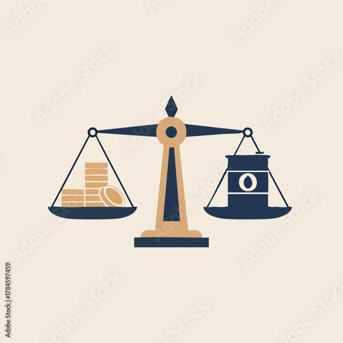 Balance scale showing money and oil barrel representing economic concepts and trade.
