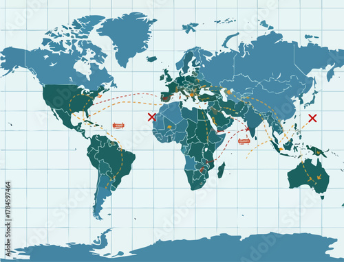 World map highlighting geographical locations with marked points and travel routes.