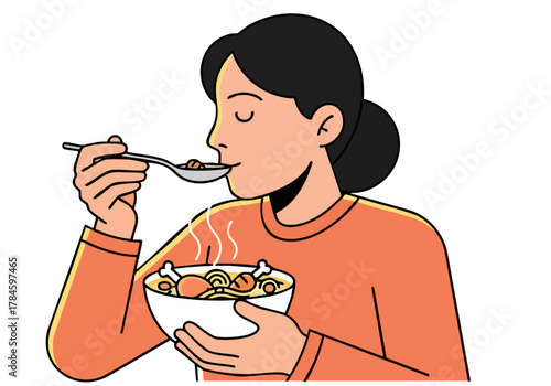 A woman enjoys a comforting bowl of soup, radiating warmth and relaxation. Simple, inviting illustration style. Focus on the feeling of 'Sip Soup Comfort'.