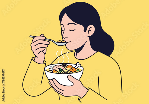 A woman enjoys a comforting bowl of soup, savoring the moment. Simple, warm illustration evokes feelings of relaxation and well-being.  Focus on the act of enjoying a meal.