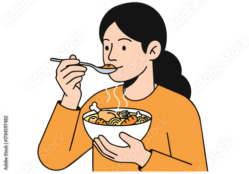 A woman enjoys a comforting bowl of soup, savoring the moment. Simple, warm illustration with a focus on relaxation and a feeling of well-being.  Bright, inviting style.