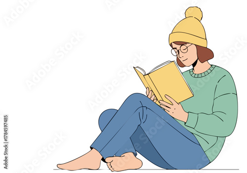 A young woman relaxes with a book, wearing a cozy hat and glasses. She?s enjoying a quiet moment of inspiration and soul. Soft, inviting illustration.