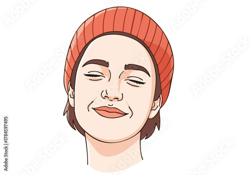 woman with a red beanie smiles warmly conveying a sense of peace and happiness Soft warm tones create a comforting and inviting image Ideal for wellness and lifestyle content