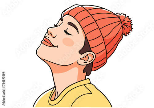A young woman smiles, gazing upwards in a cozy, warm scene. She wears a red beanie and yellow sweater, radiating happiness and serenity. Simple, inviting illustration.
