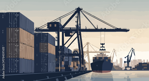 Shipping port with containers and crane loading cargo ship at sunset.