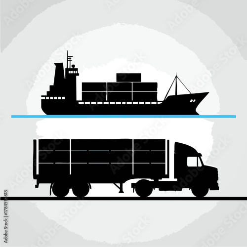 Transportation of goods by sea and land, cargo ship and truck silhouette.