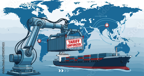 International trade and tariff enforcement concept with shipping and technology.