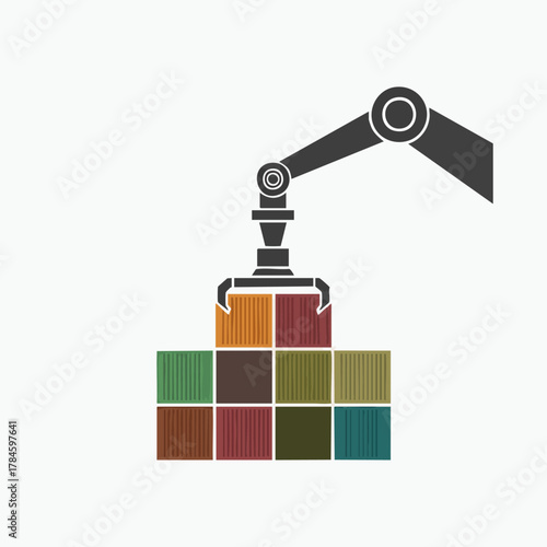 Industrial robot arm lifting cargo containers, automation and logistics concept.