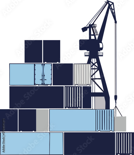 Shipping port scene featuring a crane and stacked cargo containers, ready for transport.