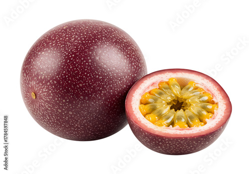 Juicy passion fruit halved revealing vibrant tropical seeds