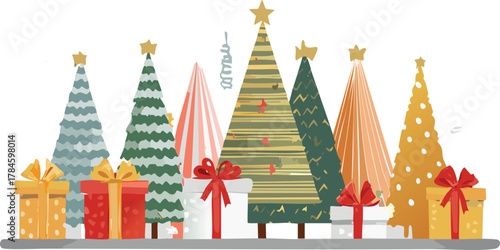 Christmas Holiday banner, card, poster, cover, background set. Modern bright Xmas design with hand drawn elements, striped, christmas tree, bows, golden confetti for season greetings, sale, print, ads