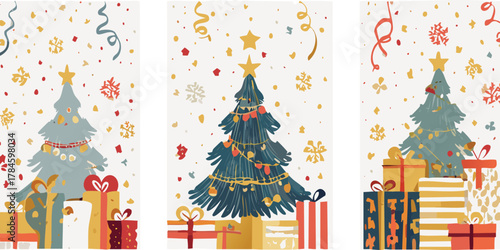 Christmas Holiday banner, card, poster, cover, background set. Modern bright Xmas design with hand drawn elements, striped, christmas tree, bows, golden confetti for season greetings, sale, print, ads