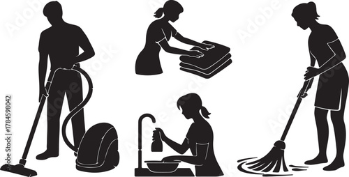Housekeeping Silhouettes of People Cleaning Vacuuming Washing Clothes Mopping Dishes and Doing Household Chores Vector Illustration