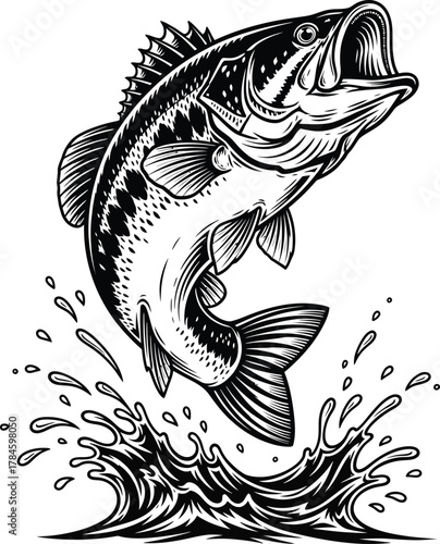 Jumping bass fish illustration for fishing and outdoor adventure design eps silhouette