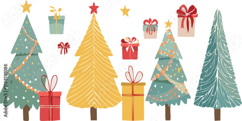 Christmas Holiday banner, card, poster, cover, background set. Modern bright Xmas design with hand drawn elements, striped, christmas tree, bows, golden confetti for season greetings, sale, print, ads