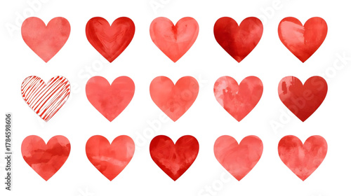 Collection of Artistic Hearts: A collection of watercolor hearts, each bearing its unique brushstroke and hue, presents a visual poem of love and affection. A symphony of emotion.