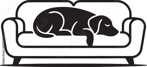 Dog Relaxing Comfortably on Couch Illustrates Pet Life Domestic Bliss and Canine Leisure in Simple Black and White Vector Design