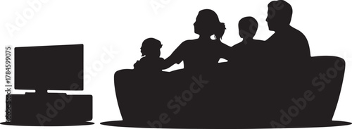 Family Silhouette Watching Television Together in Living Room Vector Illustration for Leisure Time Activity at Home