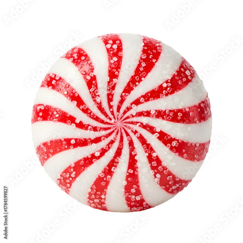 Round red and white striped peppermint hard candy with sparkling sugar crystals.