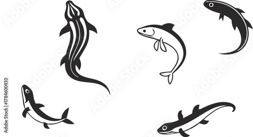 Set of five fish vector icons. Simple black and white marine animal graphics