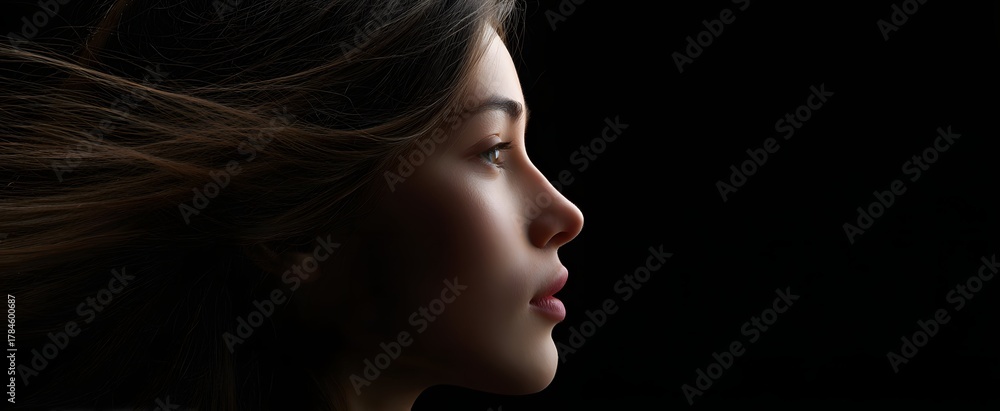 Fototapeta premium The graceful profile of a serene woman with flowing hair bathed in gentle lighting