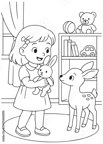 coloring book girl holding bunny while deer stands nearby