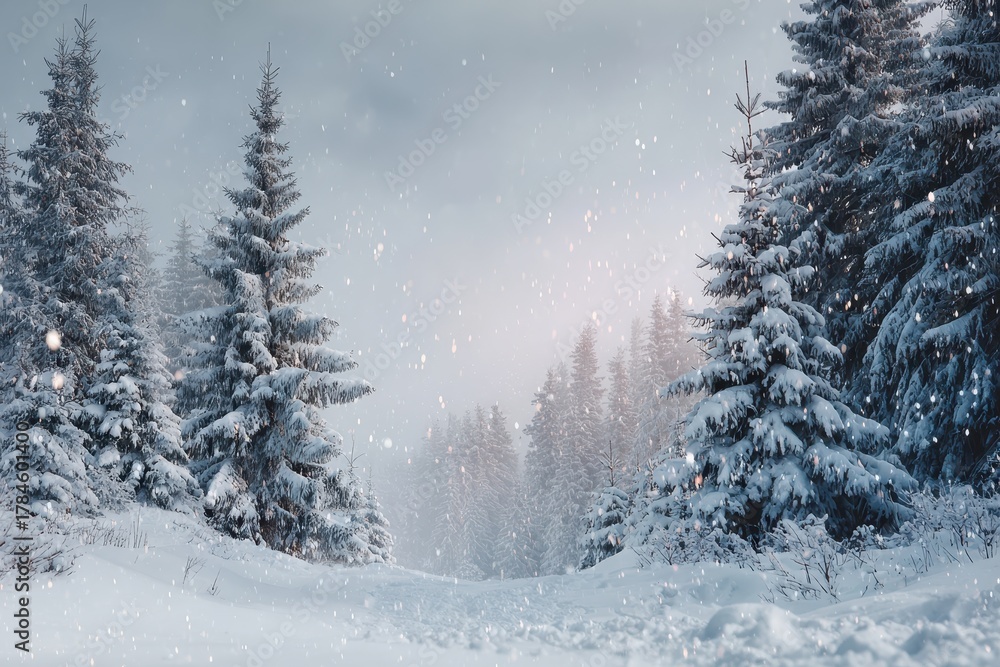 Fototapeta premium Quiet snowfall blankets a winter forest with evergreens and soft light creating a serene atmosphere conducive to peace and reflection