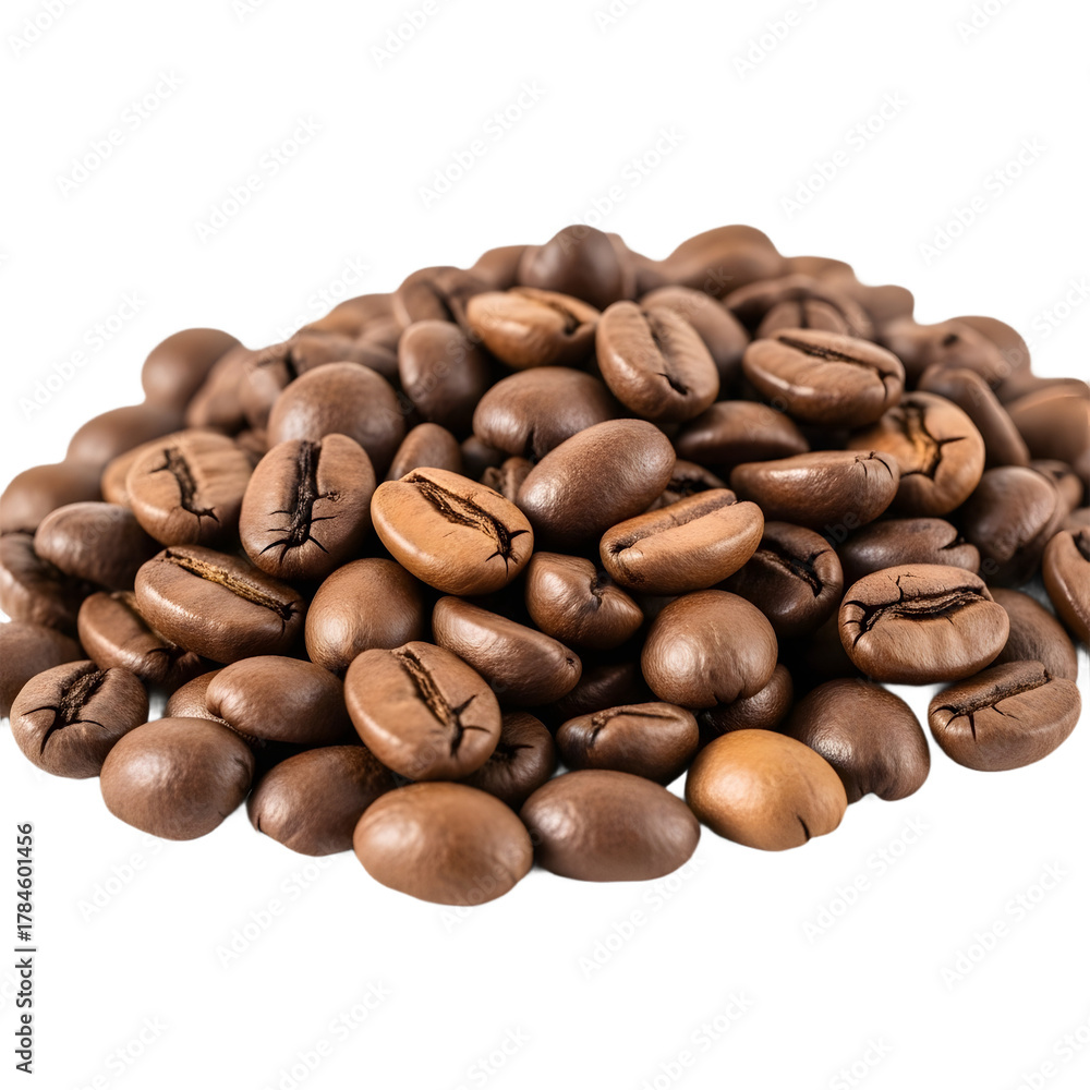 Naklejka premium A pile of aromatic roasted brown coffee beans ready for grinding and brewing.