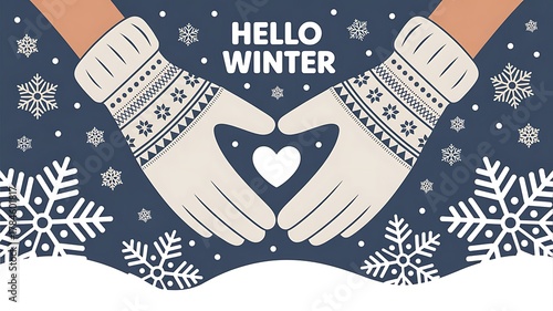 Hello winter greeting with hands making heart shape and snowflakes