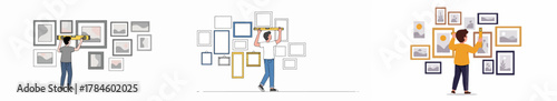 Vector illustration set of people measuring and hanging various picture frames to create a gallery wall using a spirit level for home decoration.