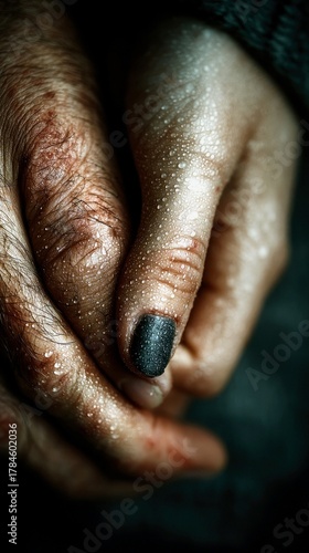 A detailed close-up of two hands, one with visible skin texture and hair, the other adorned with dark nail polish, both glistening with water droplets.