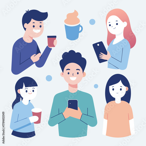 People Using Phones and Drinking Coffee Vector Illustration
