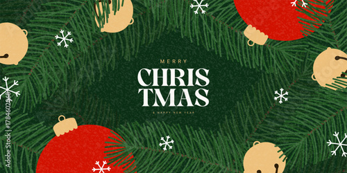 Christmas and New Year greeting background. Vector Christmas banner with Christmas balls on fir-tree branches, jingle bells, snowflakes and typography design. New Year card or cover.
