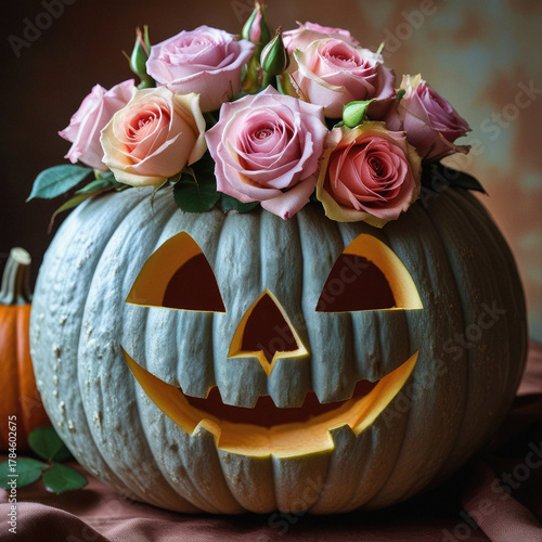 The glowing jack-o-lantern is the perfect orange pumpkin for Halloween holiday decorations.