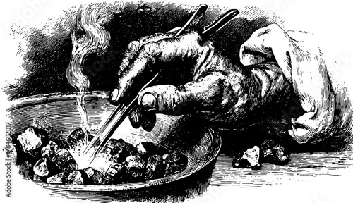 Hand holding tweezers with coal pieces in a bowl. Vintage vector illustration showcasing detailed craftsmanship and technical expertise.