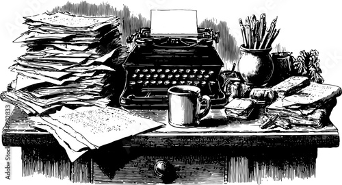 Cluttered office desk featuring a vintage typewriter, stacked paper, and a cup. This vector illustration depicts a traditional workspace set.