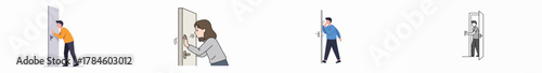 Characters knocking, listening, and checking through a peephole before opening a door, representing entry procedures and privacy concepts.