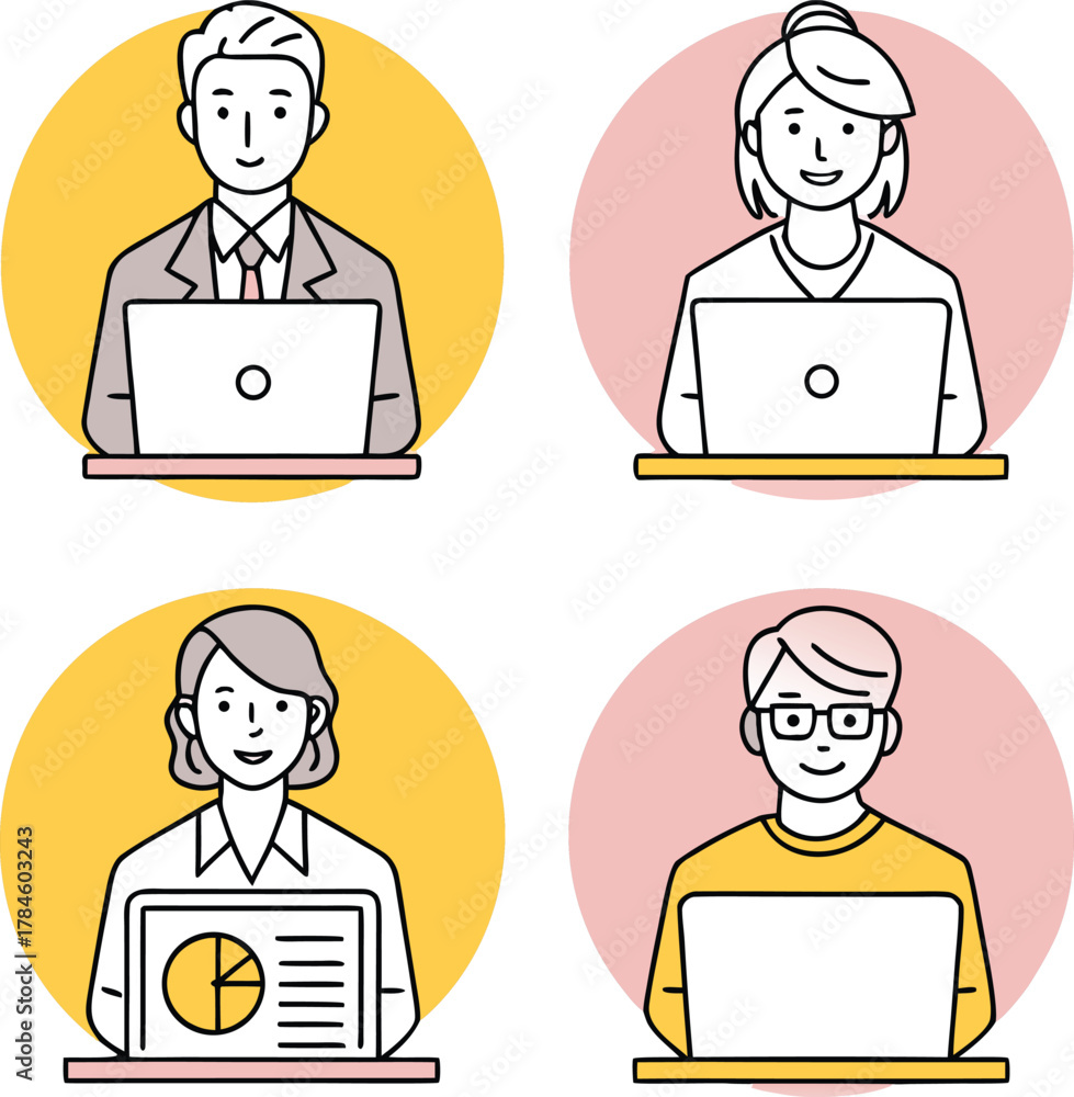 Fototapeta premium Diverse People Working on Laptop with Circle Frame Vector