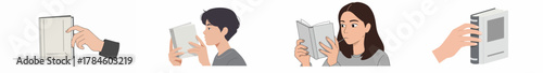 Set of vector illustrations depicting people reading, studying, and hands interacting with generic grey blank books for education and literature.