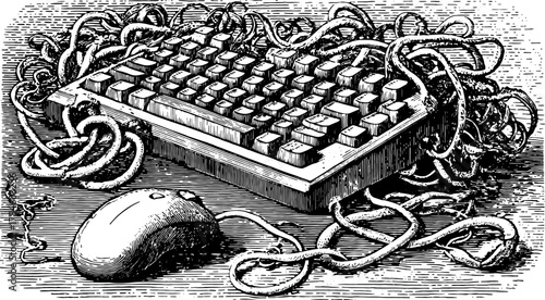 Keyboard and mouse tangled in wires, showcasing vintage electronics. Detailed vector illustration set of computer hardware.