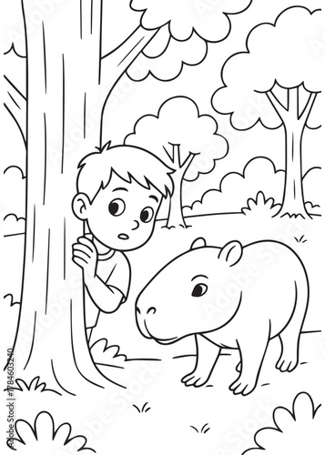 coloring book boy hiding behind tree watching capybara