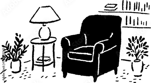 Cozy reading corner with a chair, lamp, and plants. Simple black and white interior vector illustration showing a relaxing home set.