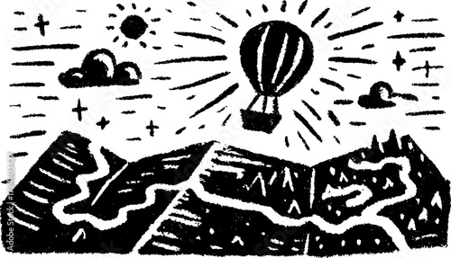 Mountain landscape with a hot air balloon in the sky. Black and white vector illustration showing nature in a simple graphic style.
