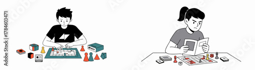 Duotone illustration set featuring youth engaging with tabletop games: one playing actively and the other carefully reading the rules manual.