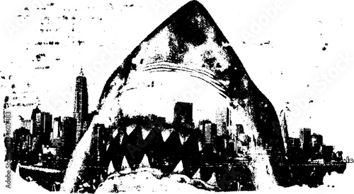 Shark silhouette overlaying a cityscape in an antique engraving style. This vintage vector illustration features a detailed black outline with stipple texture.
