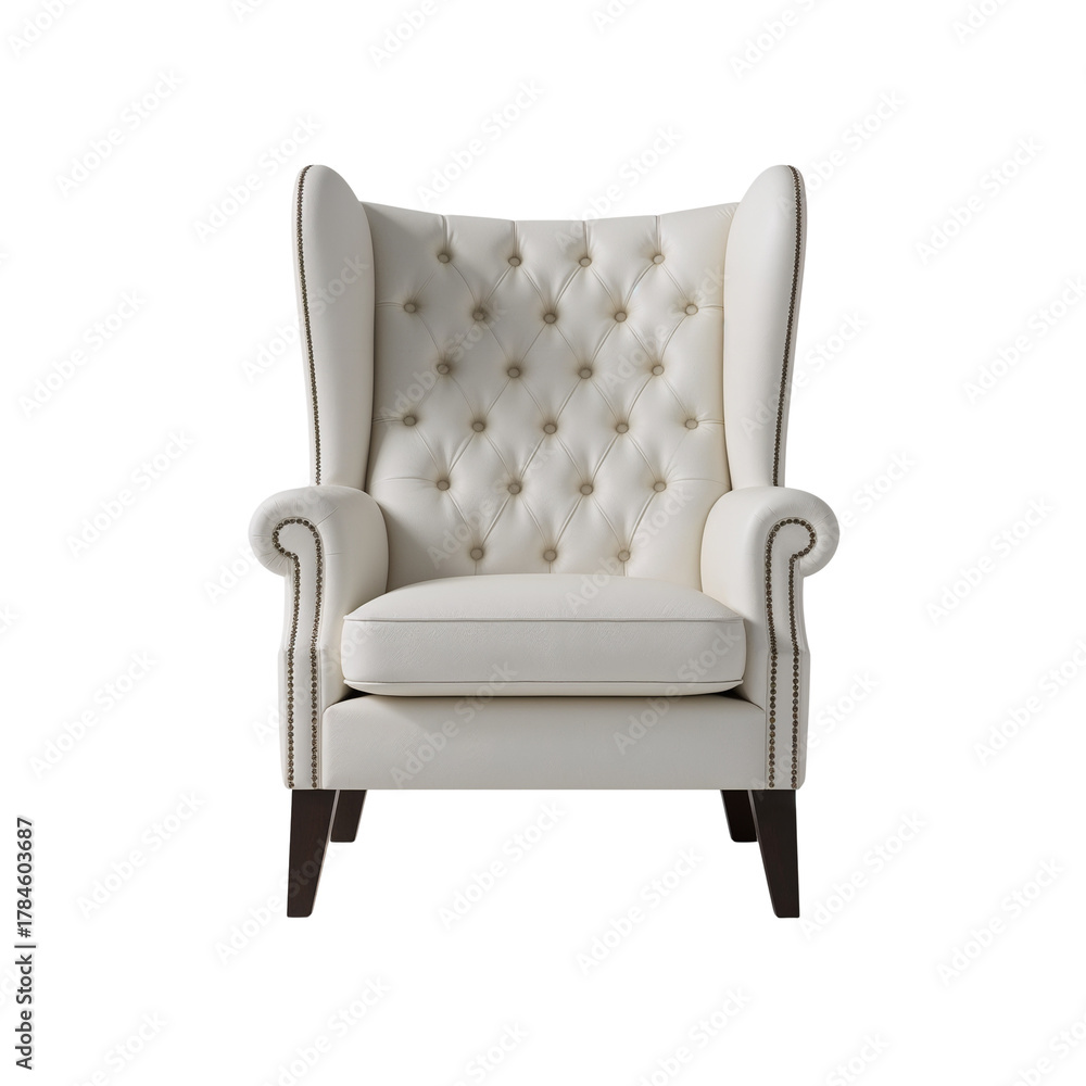 Obraz premium Elegant white wingback chair radiating luxurious comfort against stark black background