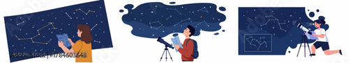 Astrology and Astronomy Hobby: Amateur Stargazers Looking at the Night Sky with Telescopes and Star Maps for Celestial Observation.